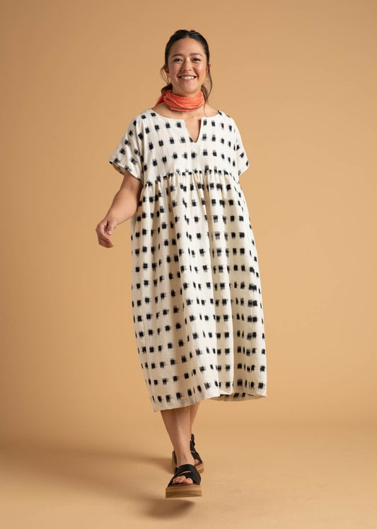Meadow Dress - Ikat Squares Natural Black